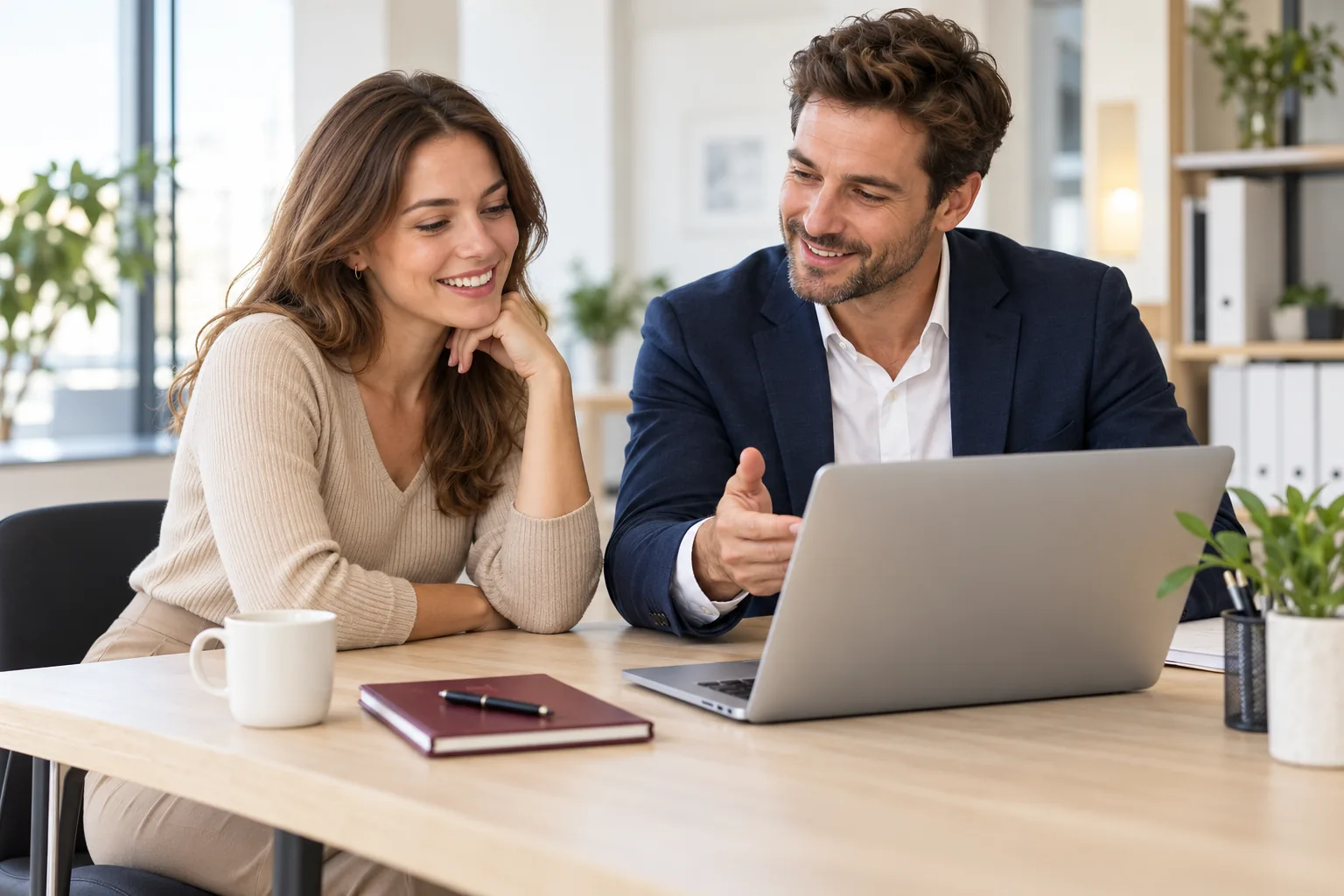 Bewerberin und Berater besprechen berufliche Möglichkeiten am Laptop