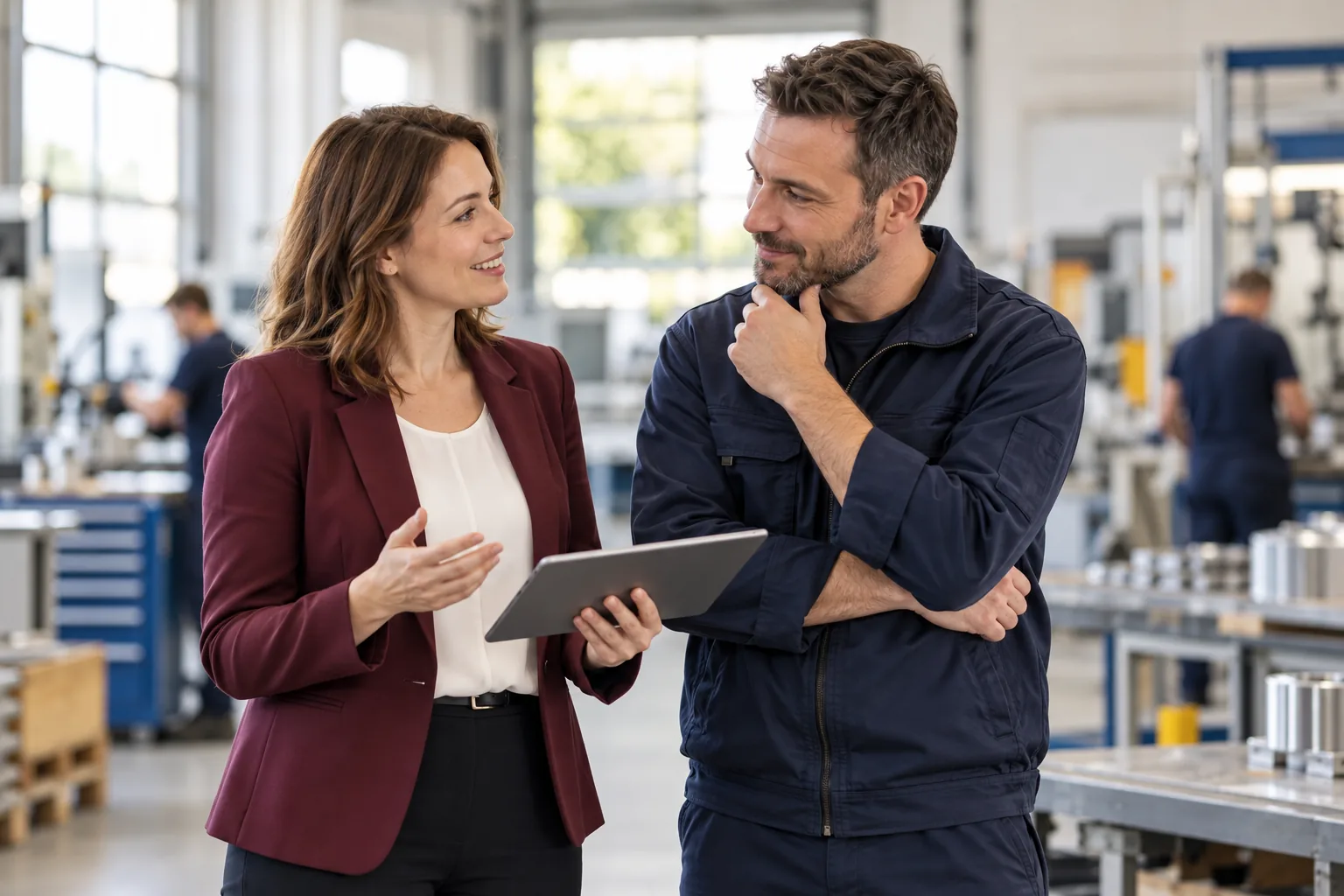 Personalberaterin und Betriebsleiter besprechen den Personalbedarf in einer Werkstatt